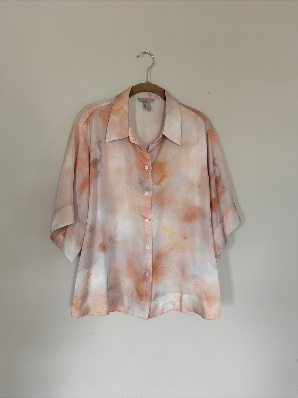Peach Watercolor Button-Up Short Sleeve Satiny Blouse